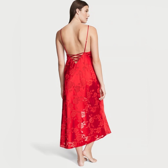 Victoria’s Secret Satin Slip Midi Dress Red Floral Burnout VS Archives - Picture 3 of 4